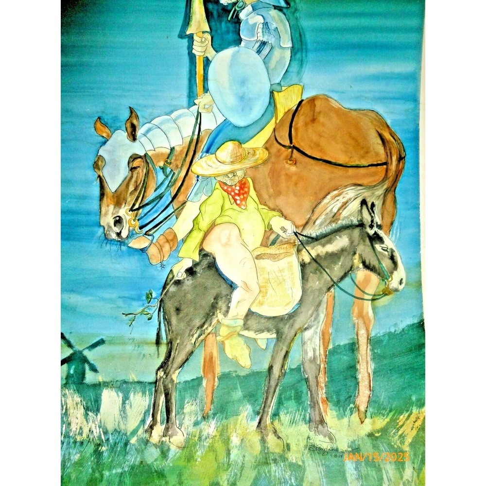 Vintage Don Quixote Sancho Panza Original Watercolor‎ Painting Signed 1974 Art